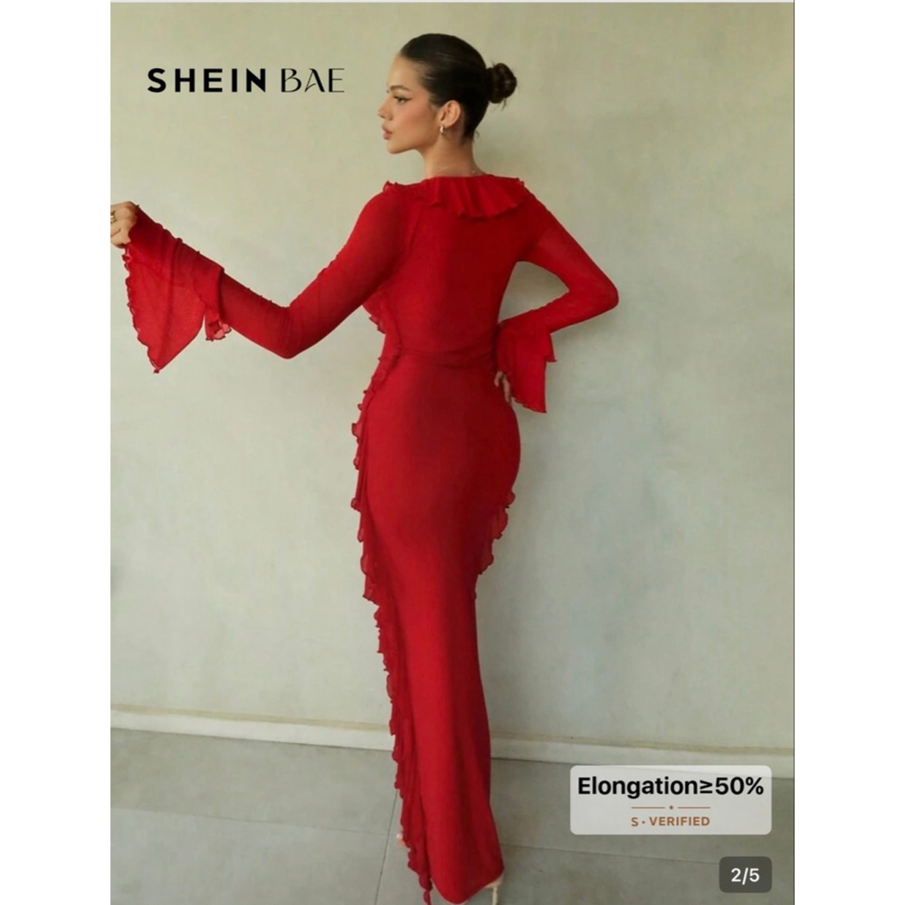 SHEIN Red Ruffle Long Sleeve Mesh Maxi Dress Size 6 - Picture 2 of 16